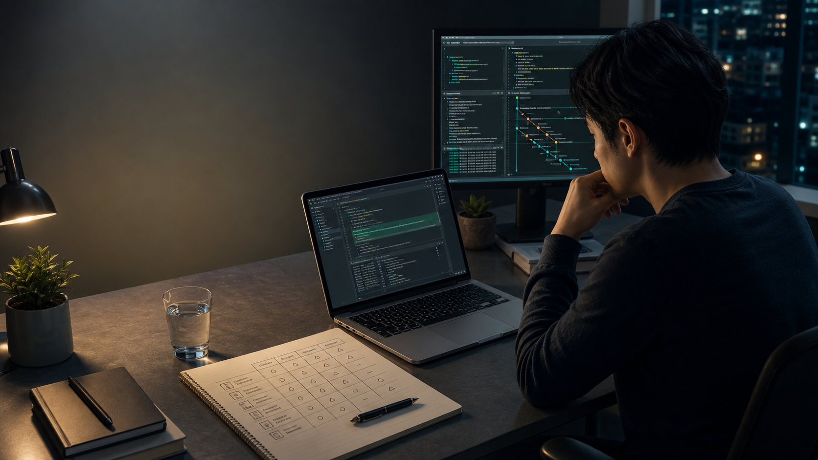 Solo founder reviewing AI coding workflows across laptop, terminal, and a handwritten decision matrix