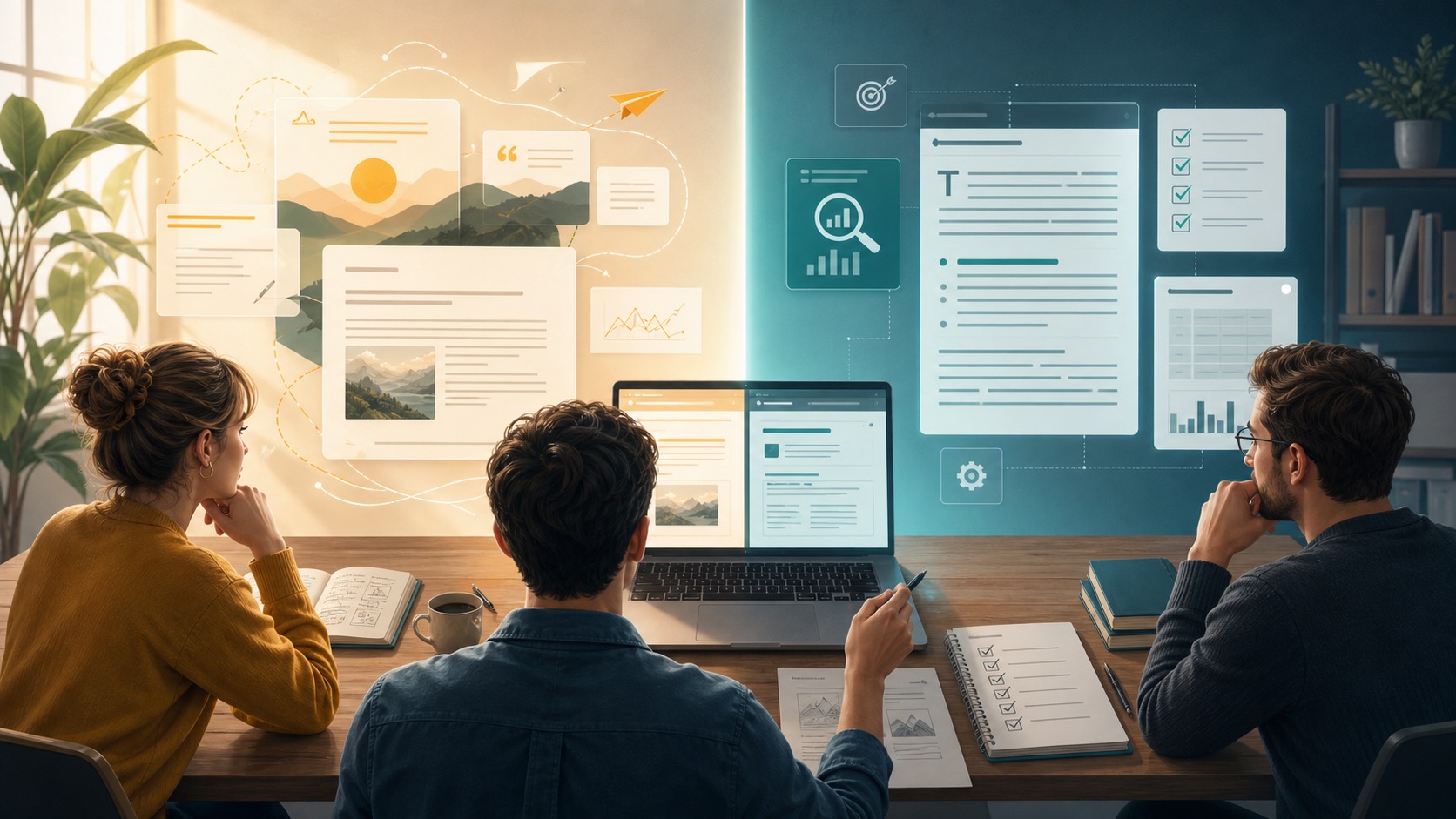 Editorial team comparing two AI assistants for SEO content briefs, rewrites, and publishing workflows