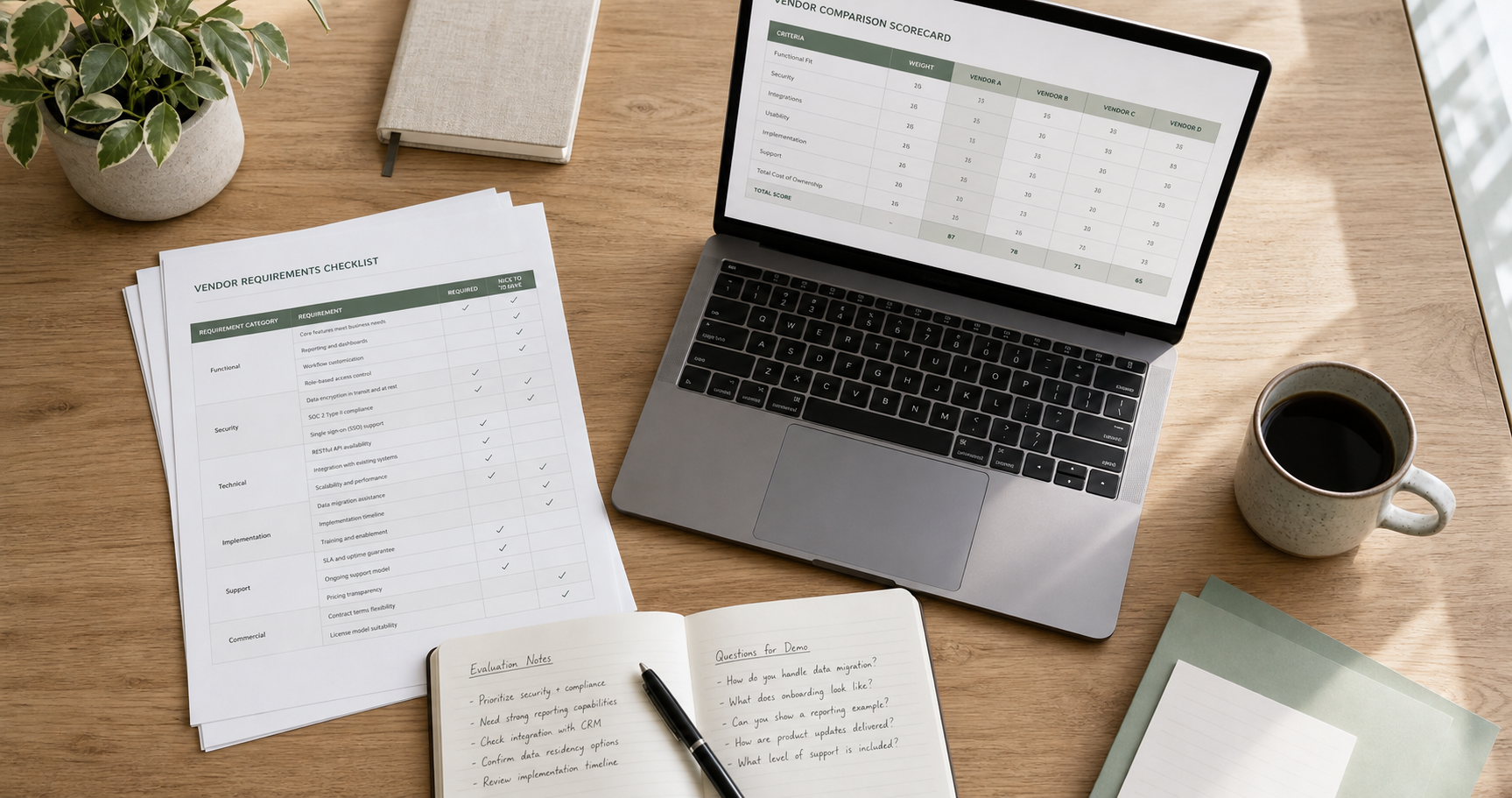 Software RFP checklist, vendor comparison scorecard, and demo questions on a desk